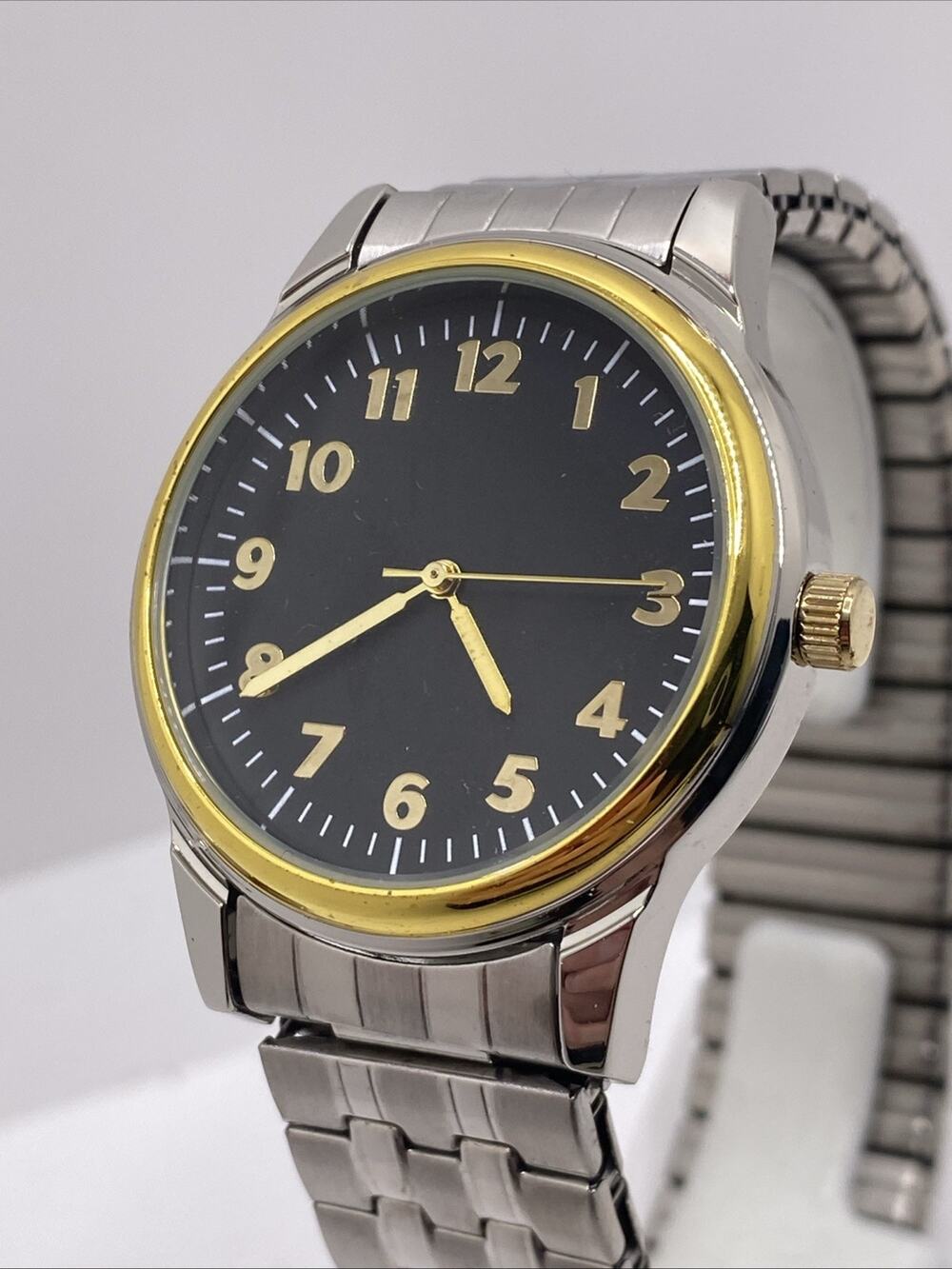 Mens Silver Tone Stretch Watch Works New Battery